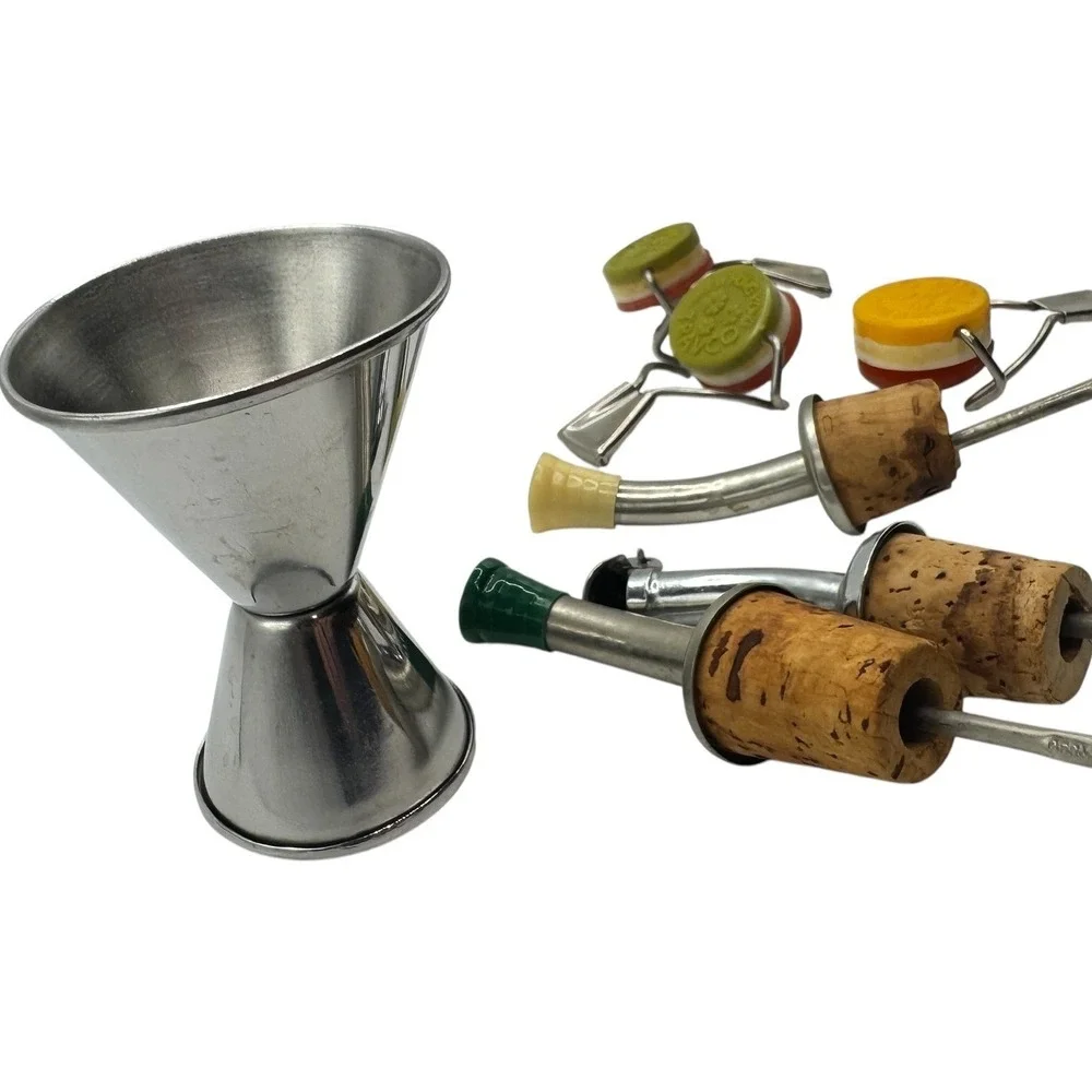 Vintage Sheffield MCM Barware Set‎ Glass Shaker Amber Bakelite Tools 15pc